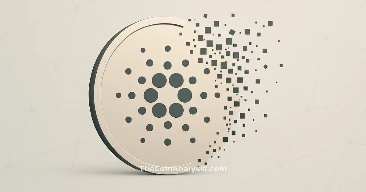 Abstract Cardano coin dissolving over faint network lines on a neutral background, symbolizing fragmentation.
