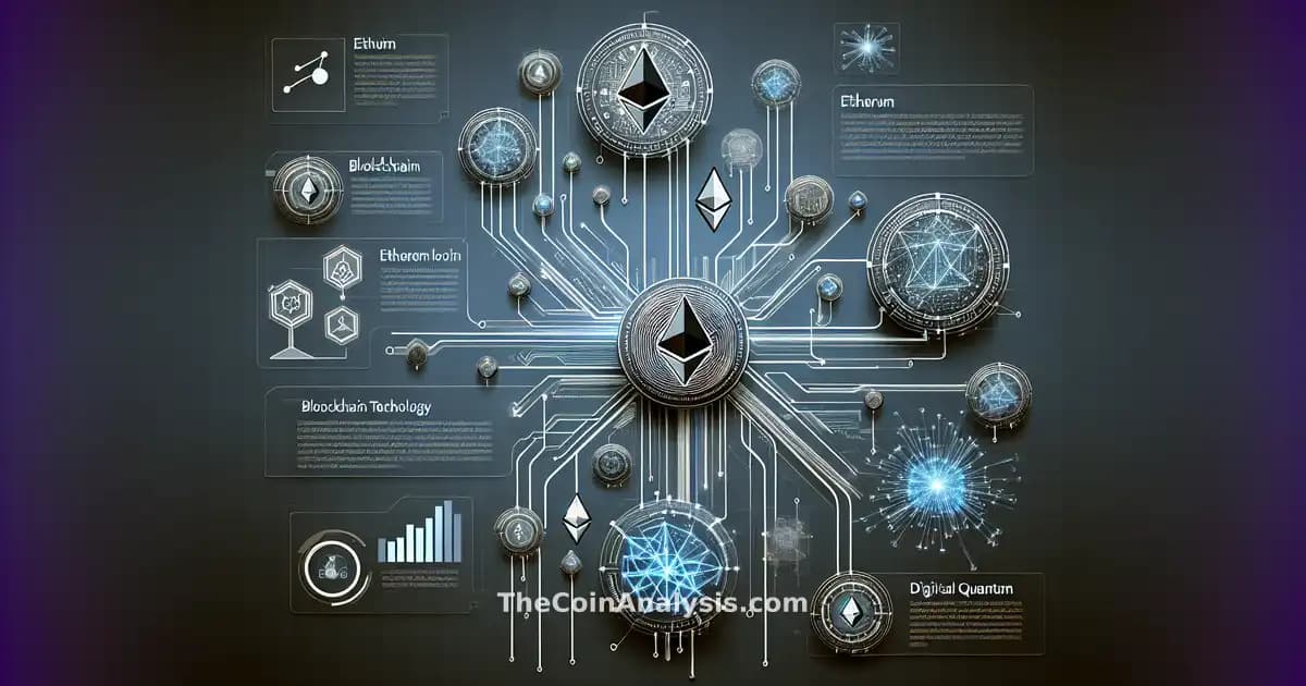 Sleek infographic of Ethereum logos branching into seven paths with quantum and blockchain digital motifs.
