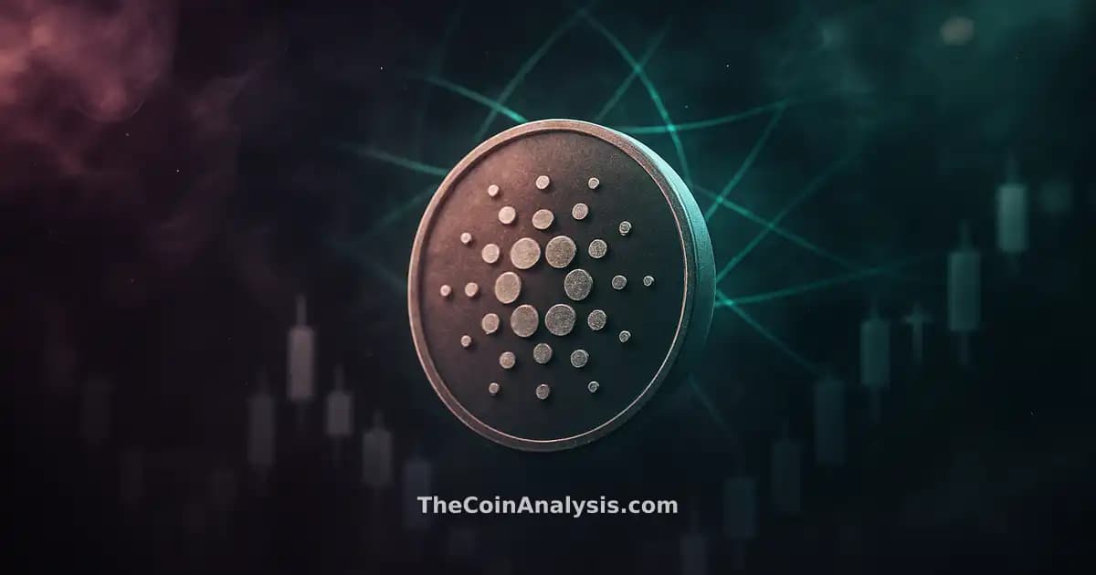 Stylized Cardano symbol glowing amid abstract trading floor with frosted glass tickers and smoky light particles