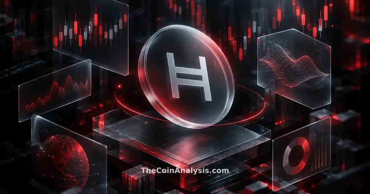 Isometric data visualization with frosted-glass panels and a glowing semi-transparent Hedera token over market candles