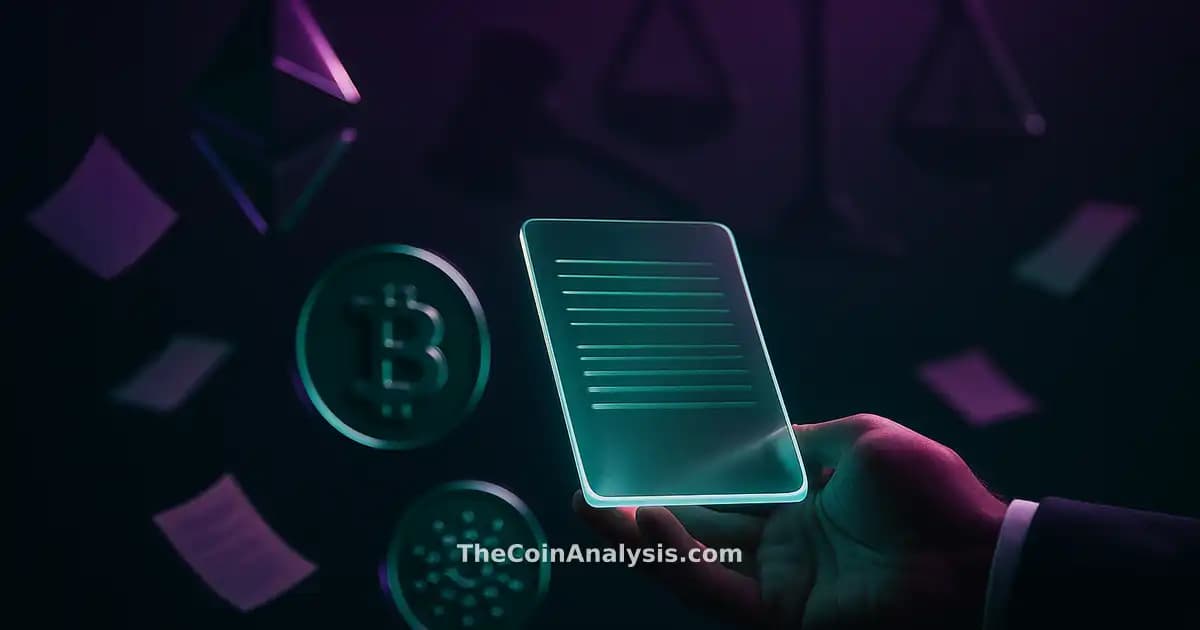 Futuristic hand holding translucent digital ledger tablet with floating document fragments and justice symbols.