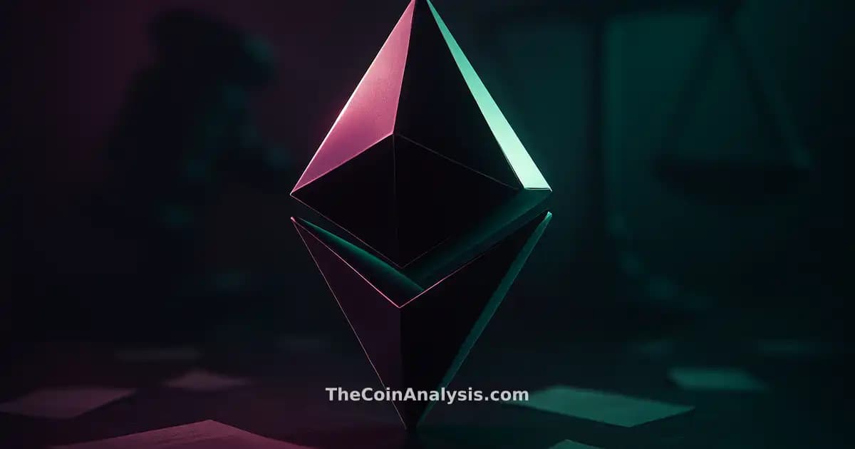 3D glossy Ethereum symbol illuminated by rim light with abstract gavel and scales in dark, moody background